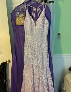 Style 12950 Morgan and Co Purple Size 4 Jersey Short Height Pageant Mermaid Dress on Queenly