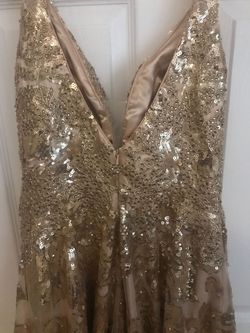 Style 16294 Tiffany Designs Gold Size 6 Plunge Floor Length Ball gown on Queenly
