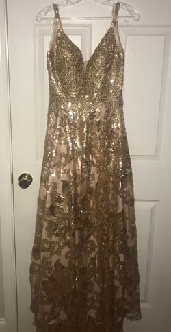 Style 16294 Tiffany Designs Gold Size 6 Plunge Floor Length Ball gown on Queenly