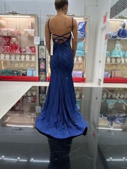 Style -1 Ellie Wilde Blue Size 00 Prom Sheer Jewelled Sequined Short Height Mermaid Dress on Queenly