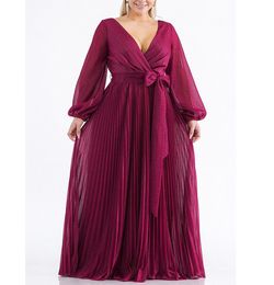 Style Magenta Metallic Long Sleeve Pleated Tie Waist A-line Formal Dress Pink Size 12 Ball gown on Queenly