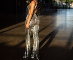 Sherri Hill Silver Size 2 Plunge Tall Height Jumpsuit Dress on Queenly