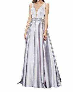 Style 1-1339636293-238 Angela and Alison Grey Size 12 Floor Length Plunge Belt A-line Dress on Queenly