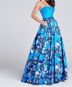 Style 1-3585643767-2168 Ellie Wilde Blue Size 8 Floor Length Print Turquoise Sweetheart Tall Height Ball gown on Queenly