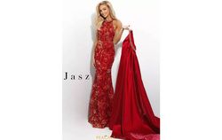Style 7316 Jasz Couture Red Size 00 Floor Length Overskirt Military Straight Dress on Queenly