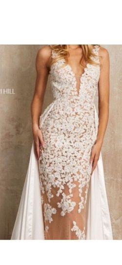Style -1 Sherri Hill Nude Size 8 Plunge Overskirt Floral A-line Dress on Queenly