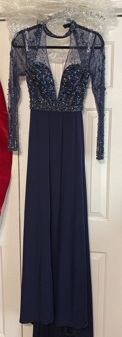 Style 8285 Rachel Allan Blue Size 0 Black Tie Floor Length Side slit Dress on Queenly