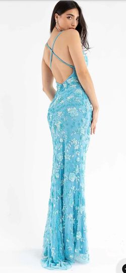 Style 3731 Primavera Blue Size 4 Jersey Floor Length Side slit Dress on Queenly