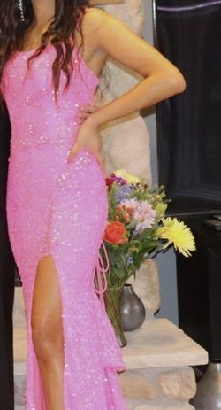 Style 87331 Amarra Hot Pink Size 4 Sequined Prom Black Tie Side slit Dress on Queenly