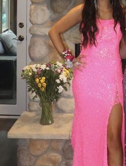 Style 87331 Amarra Hot Pink Size 4 Sequined Prom Black Tie Side slit Dress on Queenly
