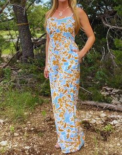 Style 1-3445650650-2791 KORI Blue Size 12 Floor Length Print Jumpsuit Dress on Queenly