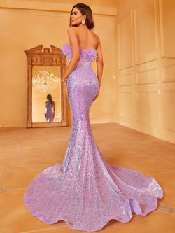 Style LAWD8036 Faeriesty Purple Size 0 Feather Sequined Floor Length Mermaid Dress on Queenly