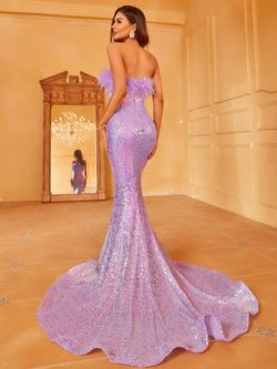 Style LAWD8036 Faeriesty Purple Size 16 Polyester Feather Floor Length Mermaid Dress on Queenly