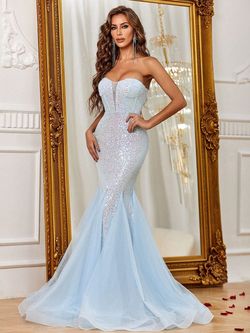 Style FSWD8081T Faeriesty Blue Size 0 Tall Height Sheer Polyester Sequined Mermaid Dress on Queenly