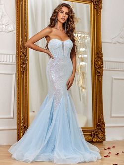 Style FSWD8081T Faeriesty Blue Size 0 Tall Height Sheer Polyester Sequined Mermaid Dress on Queenly
