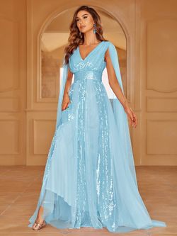 Style LAWD8002 Faeriesty Blue Size 0 Sequined Tall Height Sheer A-line Dress on Queenly