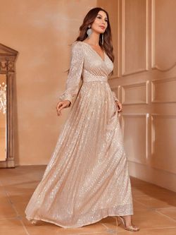 Style FSWD1405 Faeriesty Gold Size 8 V Neck Fswd1405 Floor Length Polyester A-line Dress on Queenly