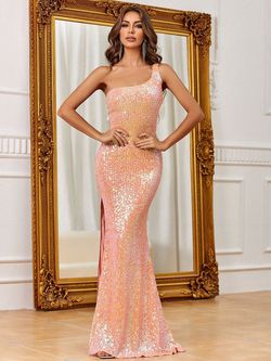 Style FSWD1266 Faeriesty Pink Size 4 Coral One Shoulder Sequined Straight Dress on Queenly