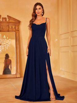 Style FSWD1522 Faeriesty Blue Size 0 Spaghetti Strap Navy Polyester Tall Height A-line Dress on Queenly