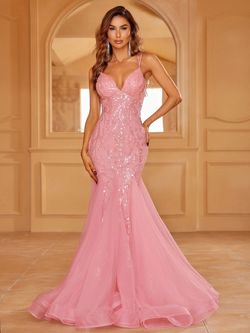 Style LAWD8011 Faeriesty Pink Size 0 Backless Sheer Sequined Mermaid Dress on Queenly
