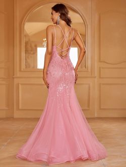 Style LAWD8011 Faeriesty Pink Size 8 Backless Sheer Sequined Mermaid Dress on Queenly