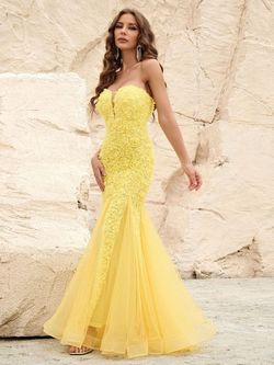 Style FSWD1227 Faeriesty Yellow Size 8 Sheer Military Tall Height Jersey Mermaid Dress on Queenly