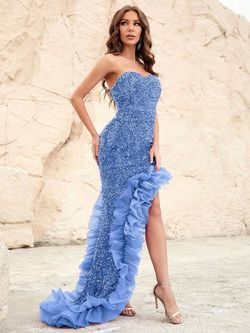 Style FSWD1148 Faeriesty Blue Size 12 Sweetheart Sequined Jersey Polyester Straight Dress on Queenly