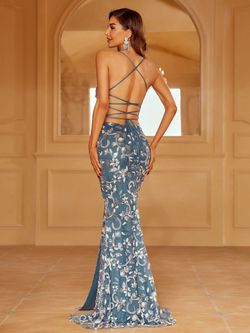 Style LAWD8022 Faeriesty Blue Size 0 Sequined Floral Floor Length Side slit Dress on Queenly
