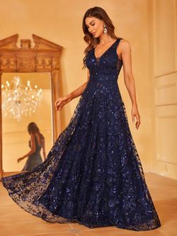 Style LAWD8016 Faeriesty Blue Size 0 Sequined Floor Length V Neck Straight Dress on Queenly