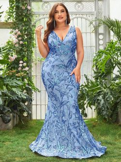 Style FSWD1191P Faeriesty Blue Size 20 Polyester Sequined Plunge Jersey Mermaid Dress on Queenly