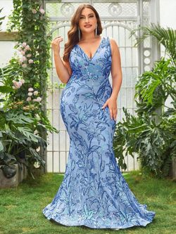 Style FSWD1191P Faeriesty Blue Size 28 Plus Size Sequined Mermaid Dress on Queenly