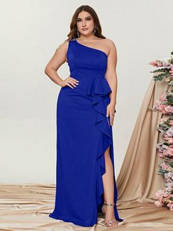 Style FSWD0826P Faeriesty Blue Size 32 Floor Length Spandex One Shoulder Side slit Dress on Queenly