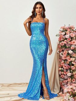 Style FSWD1162 Faeriesty Blue Size 4 Spaghetti Strap Sequined Tall Height Side slit Dress on Queenly