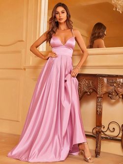 Style FSWD1477 Faeriesty Pink Size 4 Plunge Satin Floor Length Straight Dress on Queenly