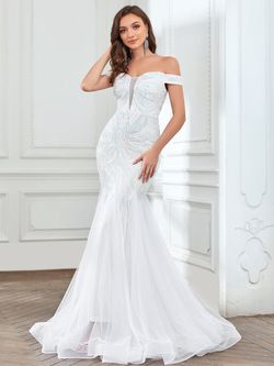 Style FSWD1159 Faeriesty White Size 0 Floor Length Tall Height Sheer Polyester Sequined Mermaid Dress on Queenly