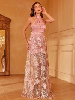 Style FSWD1143 Faeriesty Pink Size 4 Halter Fswd1143 Sequined Straight Dress on Queenly
