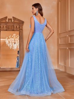 Style FSWD1239 Faeriesty Blue Size 4 Sequined Sheer Polyester Tall Height A-line Dress on Queenly