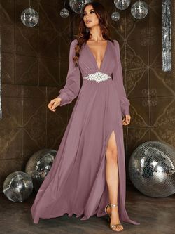 Style FSWD0788 Faeriesty Purple Size 12 Polyester Plunge Side slit Dress on Queenly
