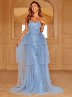 Style LAWD8028 Faeriesty Blue Size 0 Sequined Floral Tall Height Straight Dress on Queenly