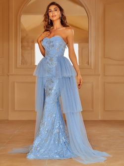 Style LAWD8028 Faeriesty Blue Size 0 Jersey Sequined Tall Height Straight Dress on Queenly