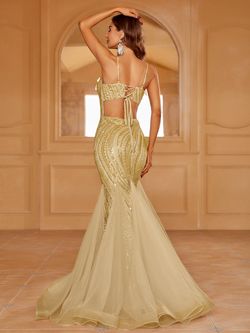 Style LAWD8043 Faeriesty Gold Size 0 Polyester Sequined Spaghetti Strap Mermaid Dress on Queenly