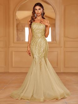 Style LAWD8043 Faeriesty Gold Size 0 Sequined Jersey Spaghetti Strap Mermaid Dress on Queenly