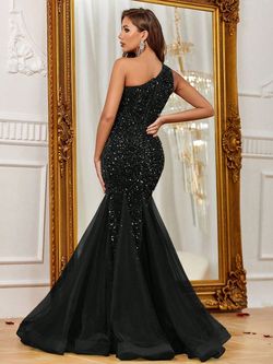 Style FSWD1150 Faeriesty Black Size 4 Sheer Fswd1150 One Shoulder Sequined Mermaid Dress on Queenly