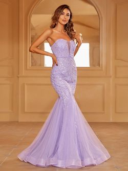 Style LAWD8021 Faeriesty Purple Size 0 Sheer Military Violet Sequined Mermaid Dress on Queenly
