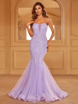 Style LAWD8021 Faeriesty Purple Size 0 Sheer Military Violet Sequined Mermaid Dress on Queenly