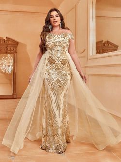 Style FSWD1850P Faeriesty Gold Size 28 Plus Size Sequined Fswd1850p Sheer Mermaid Dress on Queenly