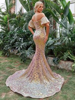 Style FSWD1482 Faeriesty Gold Size 0 Tall Height Sequined Jersey Mermaid Dress on Queenly
