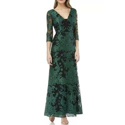 JS Collections Green Size 4 Sheer Polyester Embroidery Plunge A-line Dress on Queenly