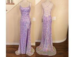 Style Formal Lilac Purple Iridescent Sequined Corset Back Side Slit Dress Amelia Purple Size 12 Mermaid Black Tie Side slit Dress on Queenly
