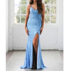 Style Periwinkle Blue Sleeveless Sequined Side Slit Formal  Dress Adora Light Blue Size 12 Prom Floor Length Side slit Dress on Queenly